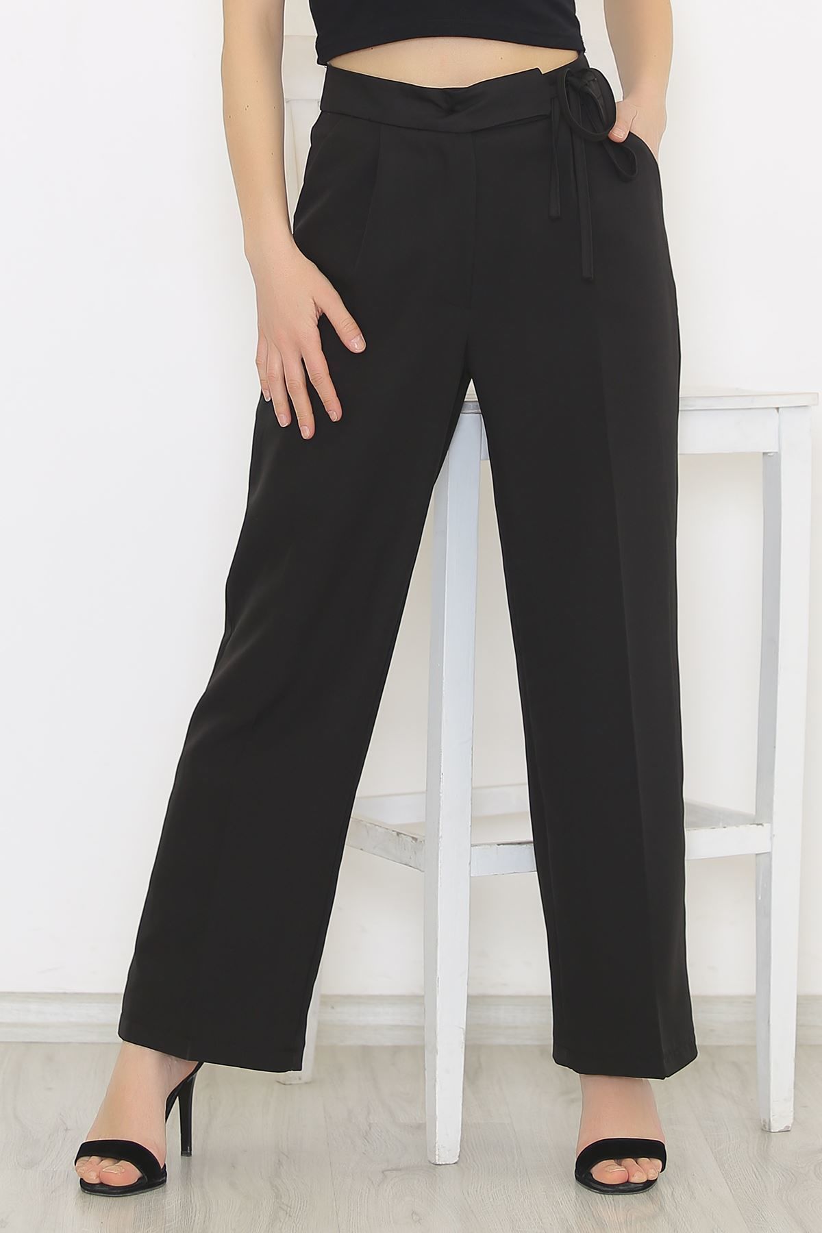 Bel Bağcıklı Palazzo Pantolon Siyah - 20701.683.