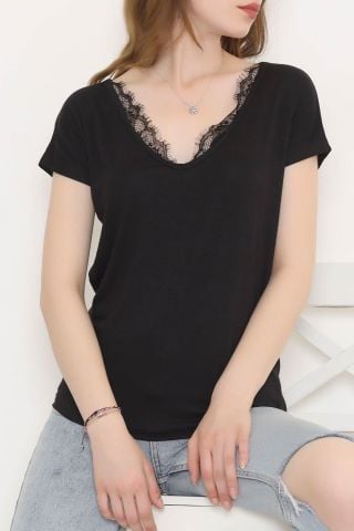 V Yaka Dantelli Bluz Siyah - 1184.1095.