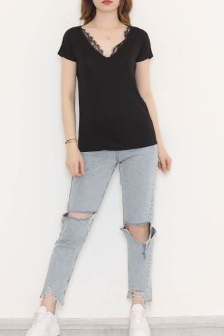 V Yaka Dantelli Bluz Siyah - 1184.1095.