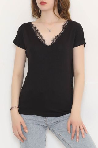 V Yaka Dantelli Bluz Siyah - 1184.1095.